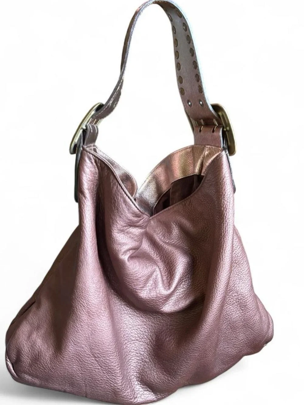 Be & D Crawford Studded Leather Hobo Bag Mauve Metallic Rose Gold